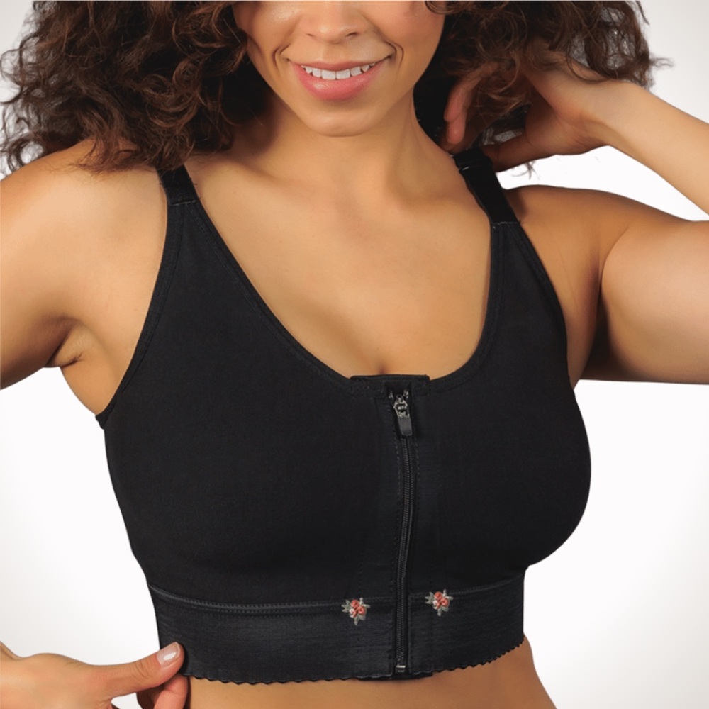Design Veronique DV-b Black Front Zippered Cotton Medical Sports Bra Size M